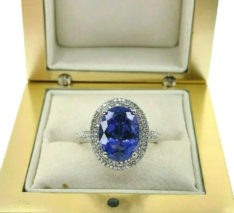 5.20 Carats Diamond and Oval Tanzanite Halo Celebration Ring 14K White Gold