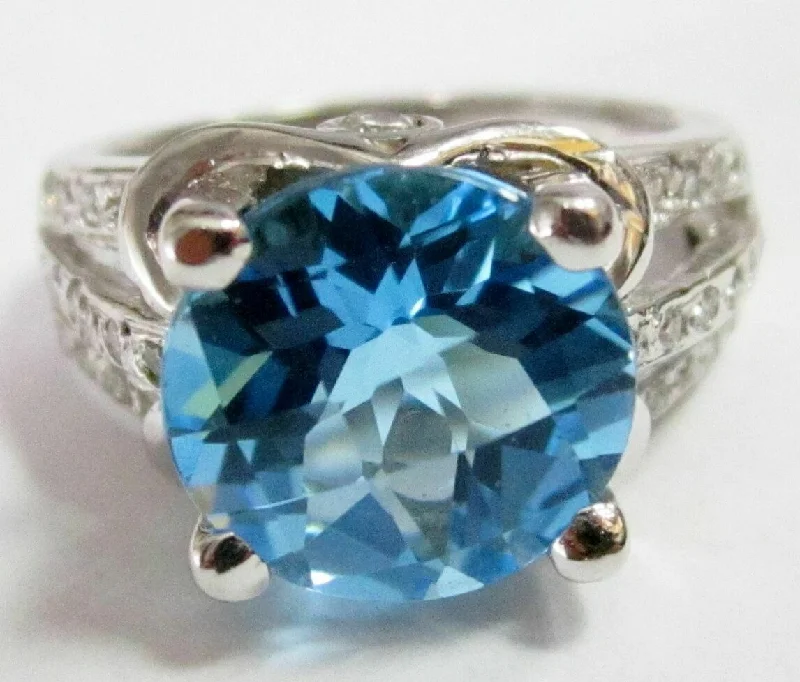 5.55 TCW Natural Round Blue Topaz & Diamond Ring Size 7 G SI-1 14k White Gold