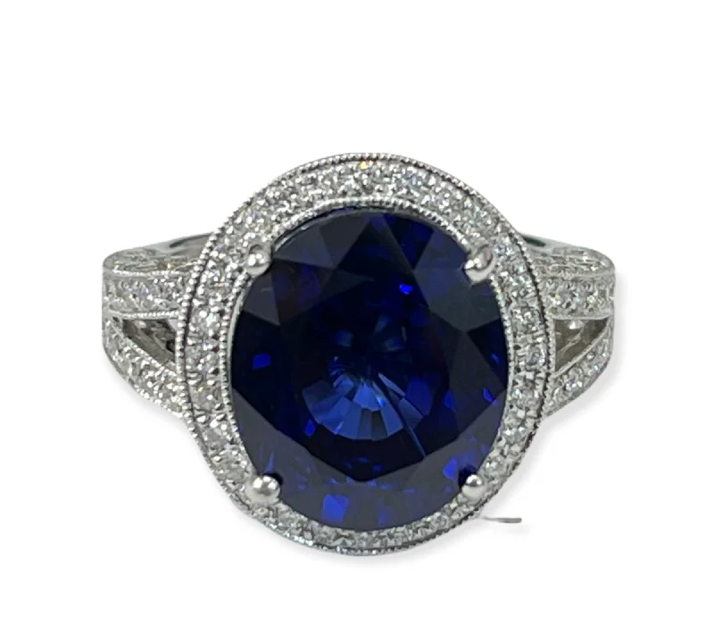 Blue Sapphire Gem Oval Diamond Ring White Gold 14kt