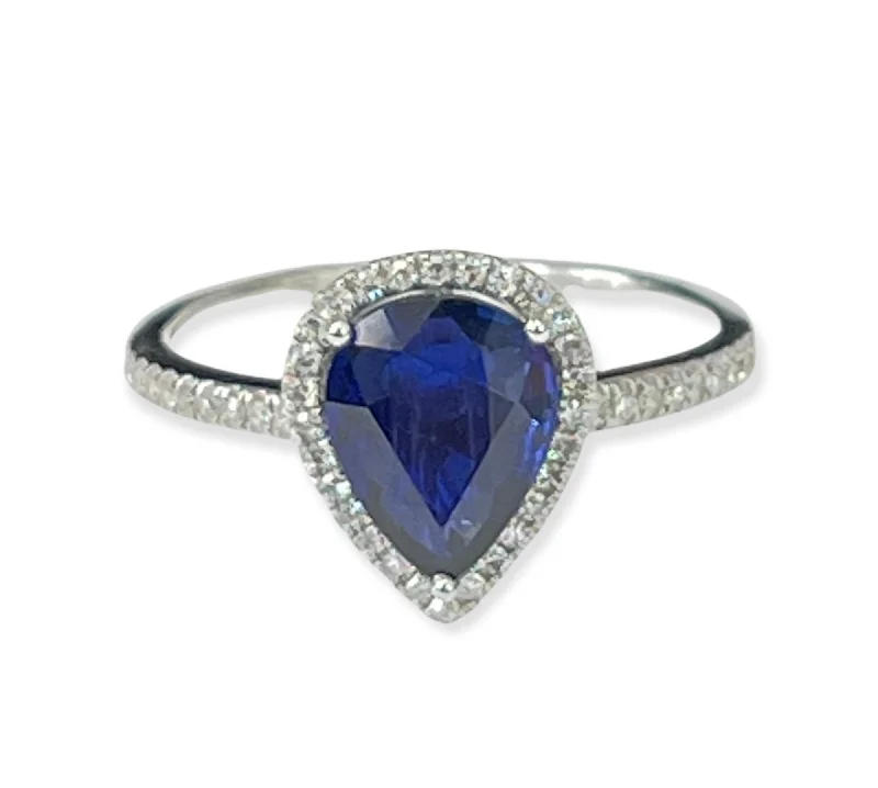 Blue Sapphire Pear Shape Halo Diamond Ring White Gold 14KT