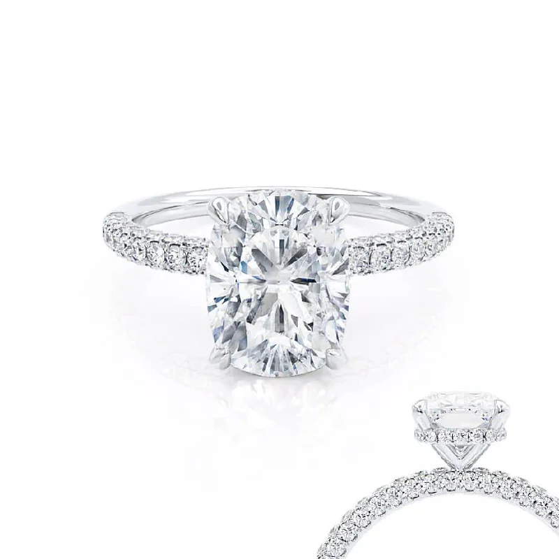 COCO - Elongated Cushion Cut Moissanite 18k White Gold Petite Hidden Halo Triple Pavé