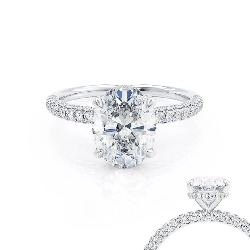 COCO - Oval Moissanite & Diamond 18k White Gold Petite Hidden Halo Triple Pavé Shoulder Set Ring