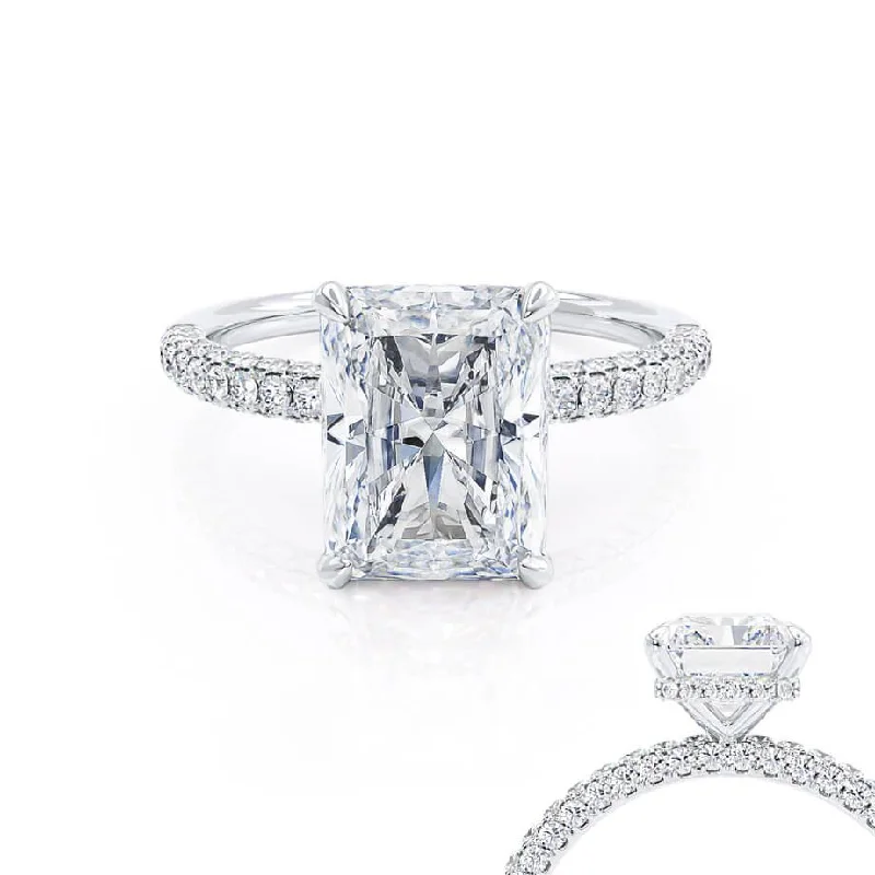 COCO - Radiant Moissanite & Diamond 18k White Gold Petite Hidden Halo Triple Pavé Shoulder Set Ring