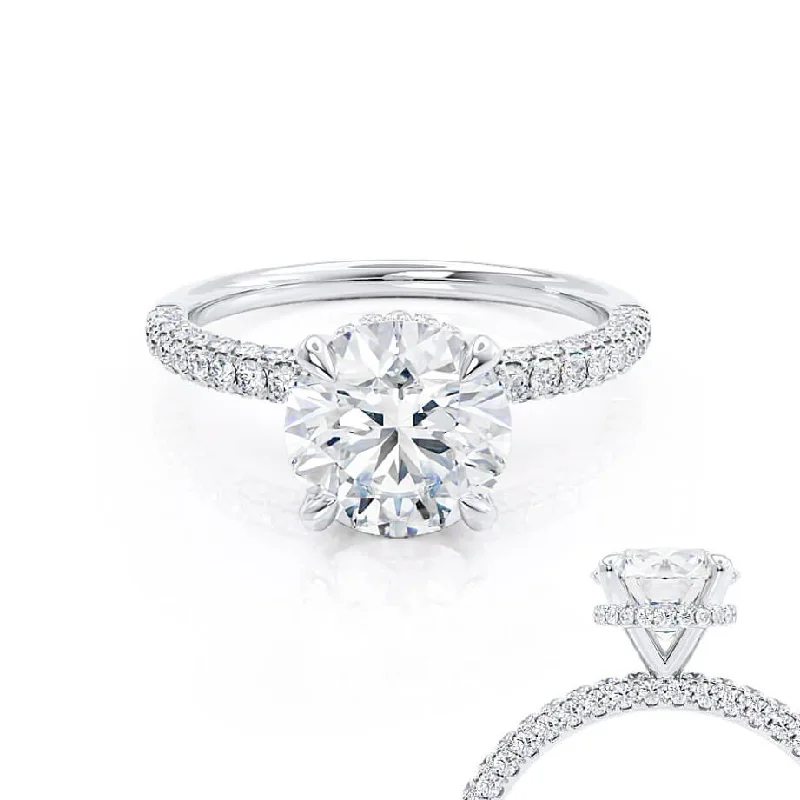 COCO- Round Lab Diamond 18k White Gold Petite Hidden Halo Triple Pavé Shoulder Set Ring