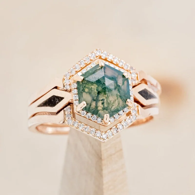 "CRAZY ON YOU" - BRIDAL SUITE - HEXAGON CUT MOSS AGATE ENGAGEMENT RING WITH DIAMOND HALO, WHISKEY BARREL CHARCOAL INLAYS & TRACERS