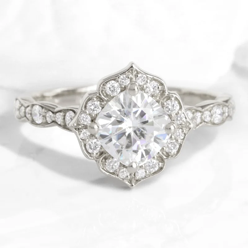 Cushion Moissanite Diamond Ring in 14k White Gold Mini Vintage Floral, Size 5.5