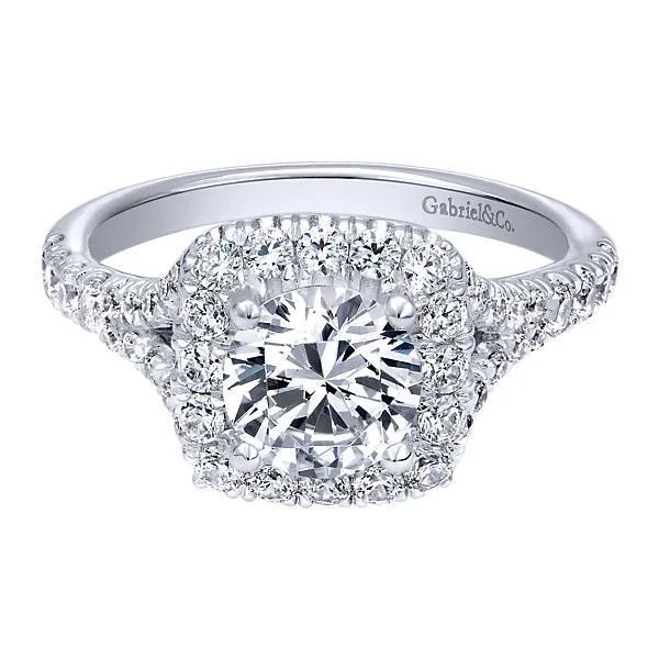 14K White Gold .77cttw Cushion Shaped Halo Diamond Engagement Ring with Subtle Split Shank. #306A