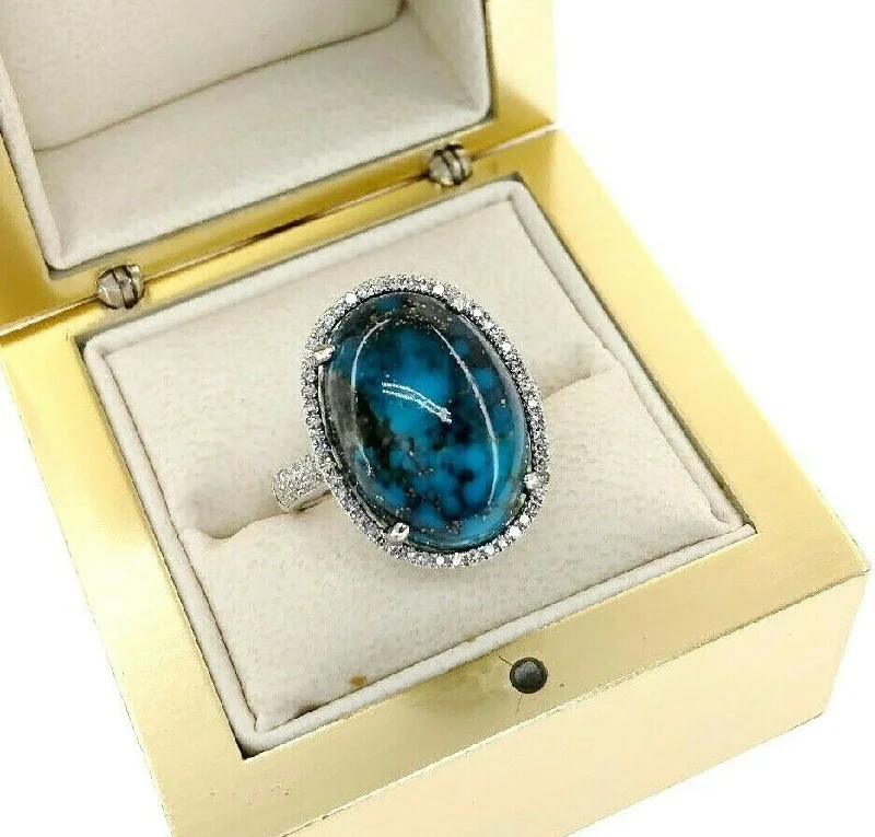 Fine 13.12 Carats Diamond and Natural Blue Turquoise Halo Ring 14K White Gold