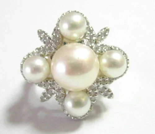 Fine Natural White Pearl & Diamond Cluster Cocktail Ring Size 7 18k White Gold