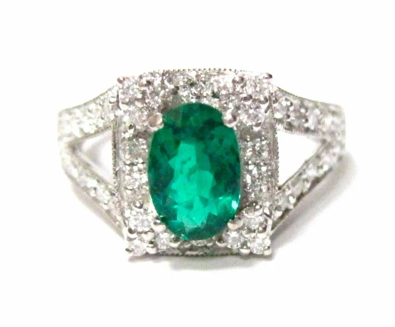 Fine OVAL EMERALD GEM DIAMOND RING 14KT White Gold