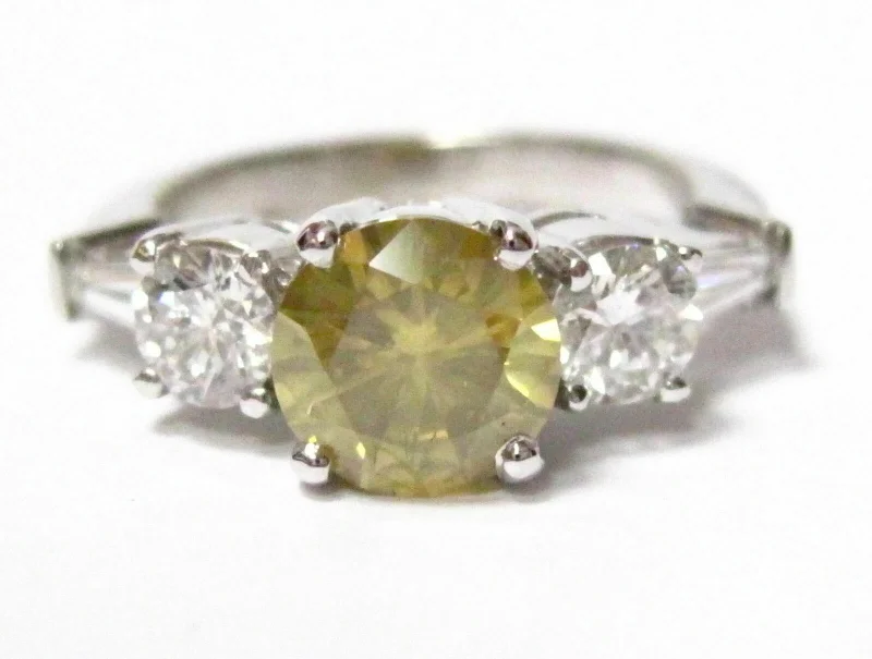 FINE Round Fancy Yellow Natural Diamond Engagement Ring 18kt White Gold