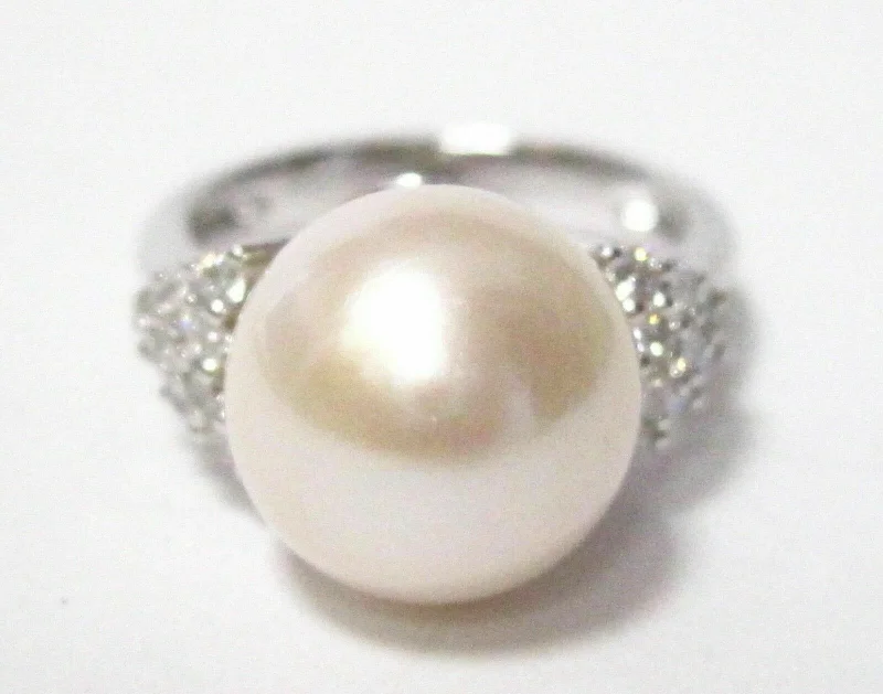 Fresh Water Pearl w/ Diamond Accents Solitaire Ring Size 7 14k White Gold