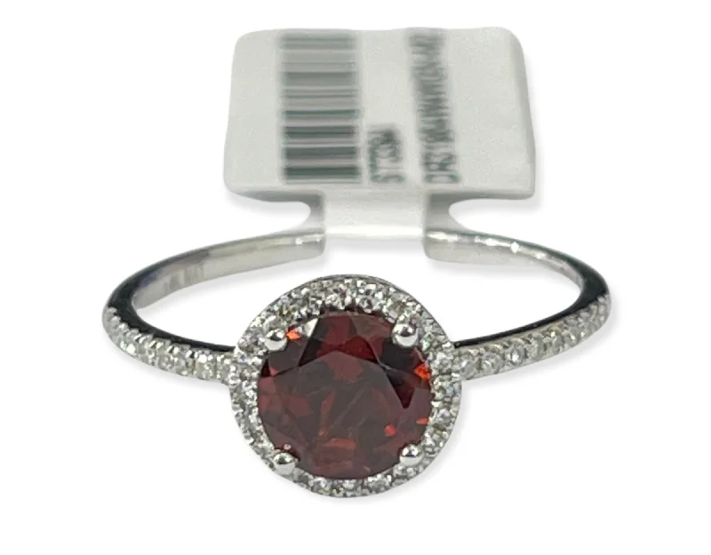 Garnet Solitaire Diamond Halo Ring with Accents White Gold 14kt