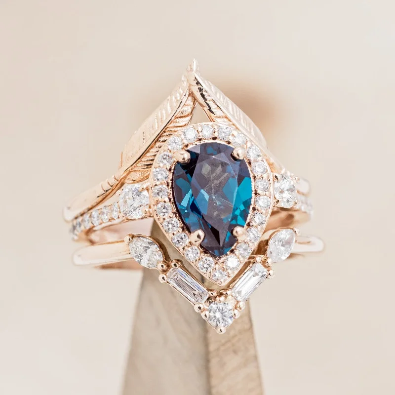 "KB" - BRIDAL SUITE - PEAR CUT LAB-GROWN ALEXANDRITE ENGAGEMENT RING WITH "MELODY" & "FALA" TRACERS