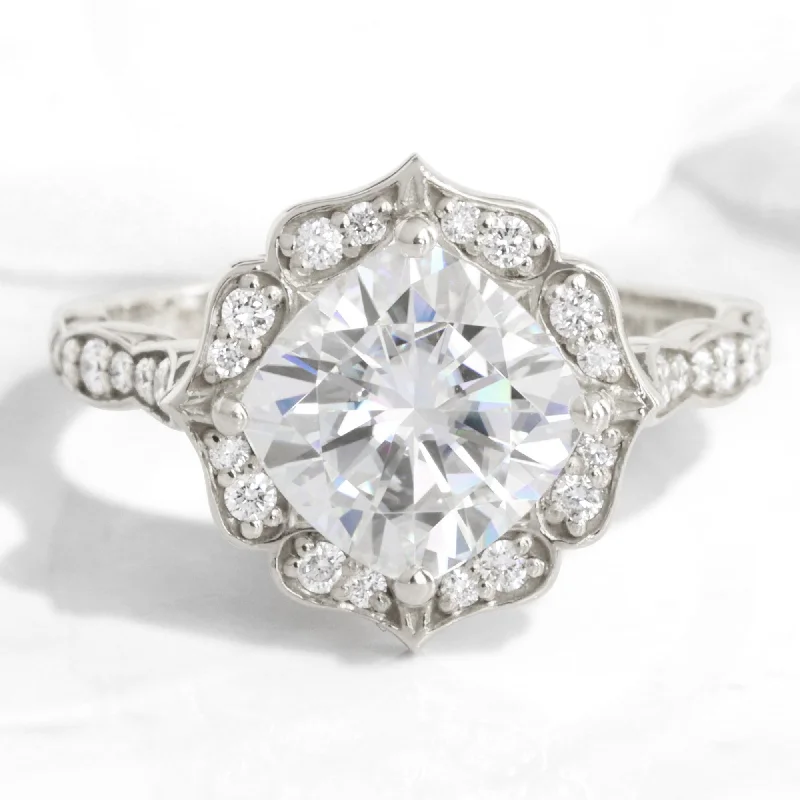 Large Cushion Moissanite Ring in 14k White Gold Vintage Floral Diamond, Size 6.25