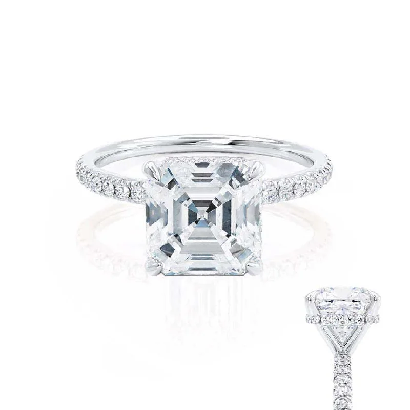 LIVELY - Asscher Moissanite & Diamond 18k White Gold Hidden Halo Micro Pavé Shoulder Set