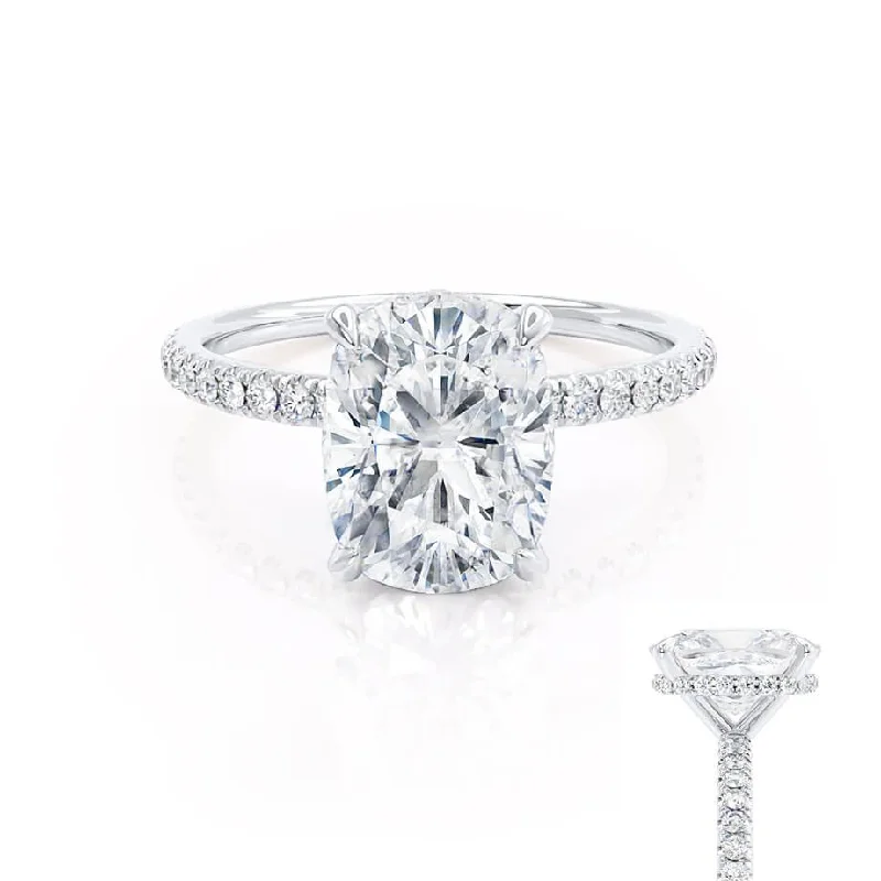 LIVELY - Elongated Cushion Moissanite & Diamond 18k White Gold Petite Hidden Halo Pavé Shoulder Set Ring