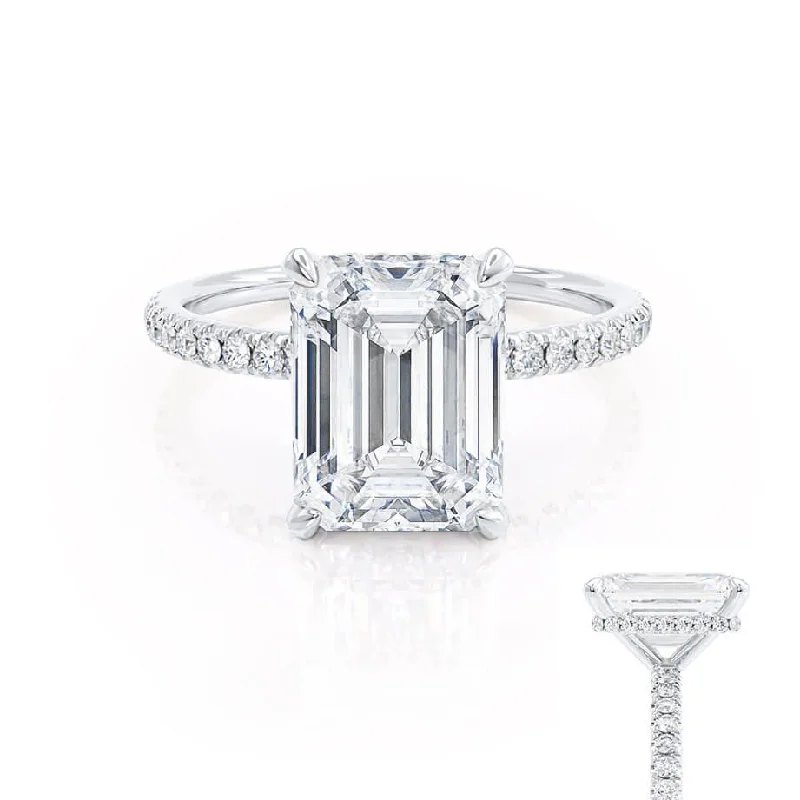 LIVELY - Emerald Moissanite & Diamond 18k White Gold Petite Hidden Halo Pavé Shoulder Set Ring