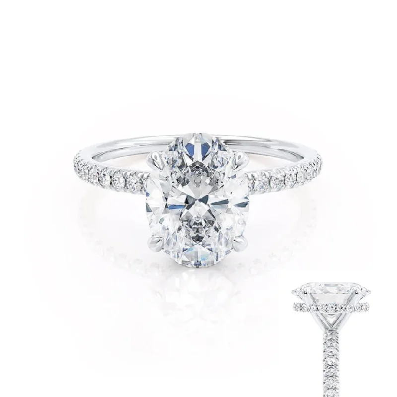 LIVELY - Oval Moissanite & Diamond 18k White Gold Petite Hidden Halo Pavé Shoulder Set Ring