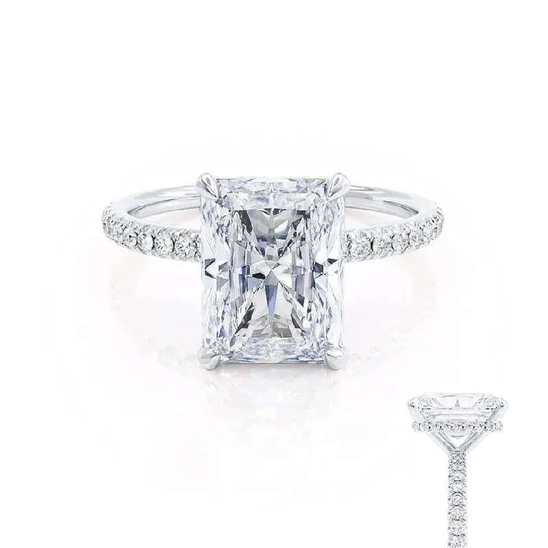 LIVELY - Radiant Moissanite & Diamond 18k White Gold Petite Hidden Halo Pavé Shoulder Set Ring