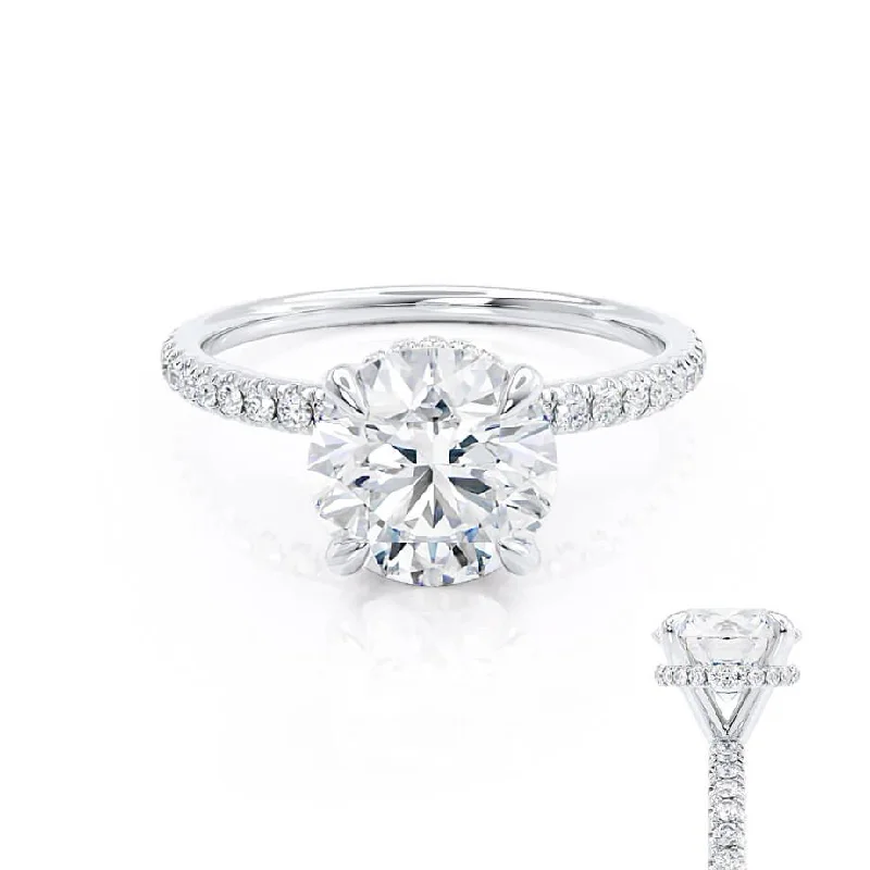 LIVELY - Round Moissanite & Diamond 18k White Gold Petite Hidden Halo Pavé Shoulder Set Ring