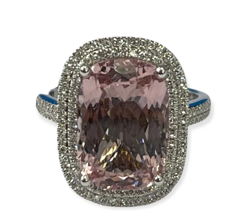 Morganite Gem Long Cushion Cut Diamond Ring White Gold 14kt