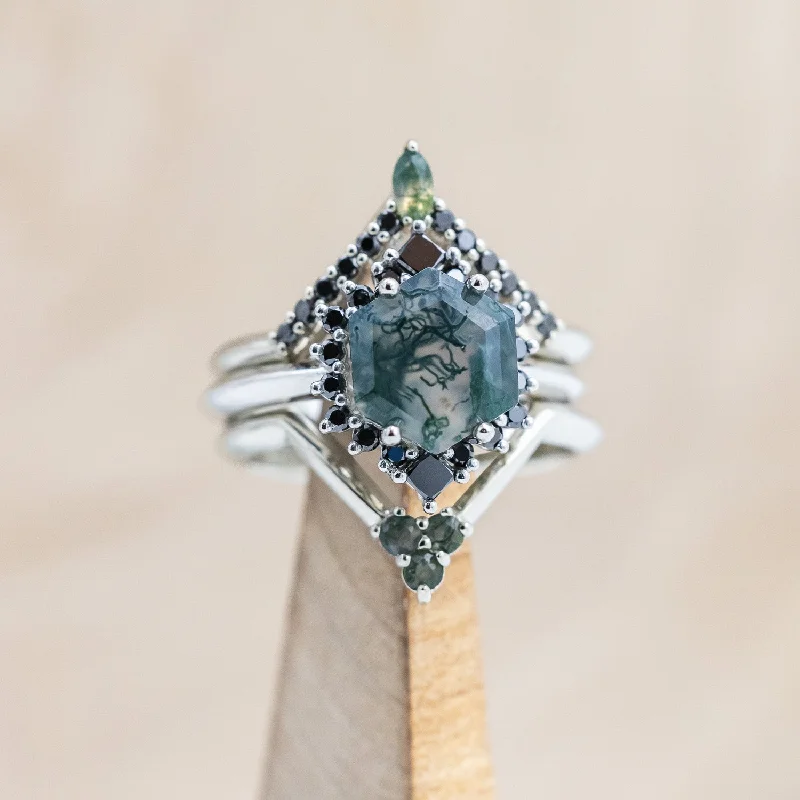 "NEREZZA" - BRIDAL SUITE - HEXAGON CUT MOSS AGATE ENGAGEMENT RING WITH BLACK DIAMOND ACCENTS & TRACERS