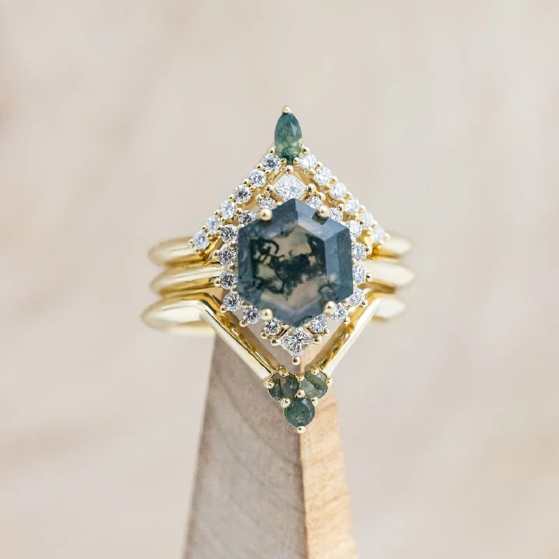 "NEREZZA" - BRIDAL SUITE - HEXAGON CUT MOSS AGATE ENGAGEMENT RING WITH DIAMOND ACCENTS & TRACERS