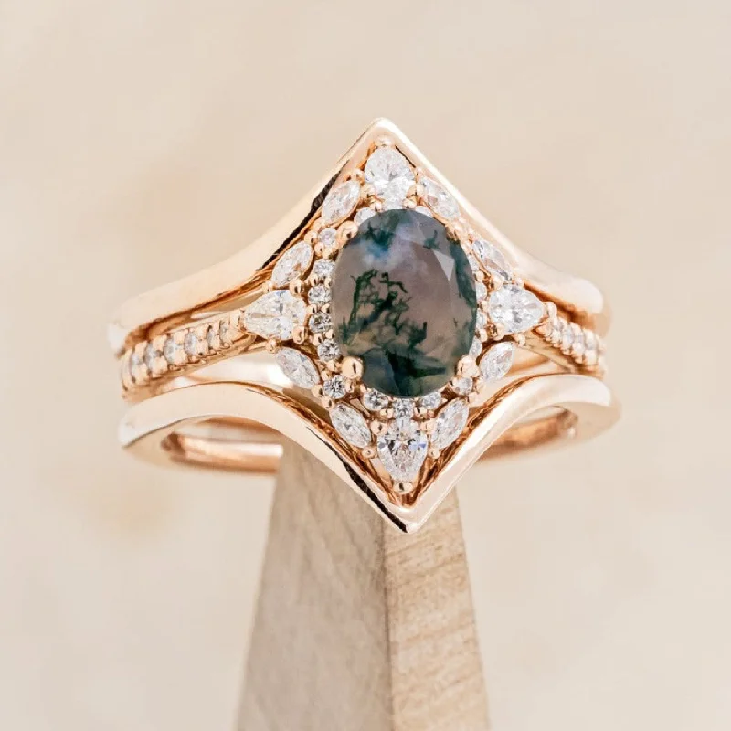 "NORTH STAR" - BRIDAL SUITE - OVAL MOSS AGATE ENGAGEMENT RING WITH DIAMOND HALO, DIAMOND ACCENTS, & SOLID GOLD TRACERS