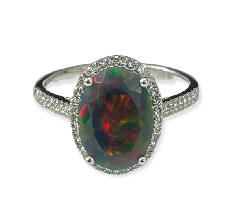 Opal Gem Oval Halo Diamond Ring White Gold 14KT