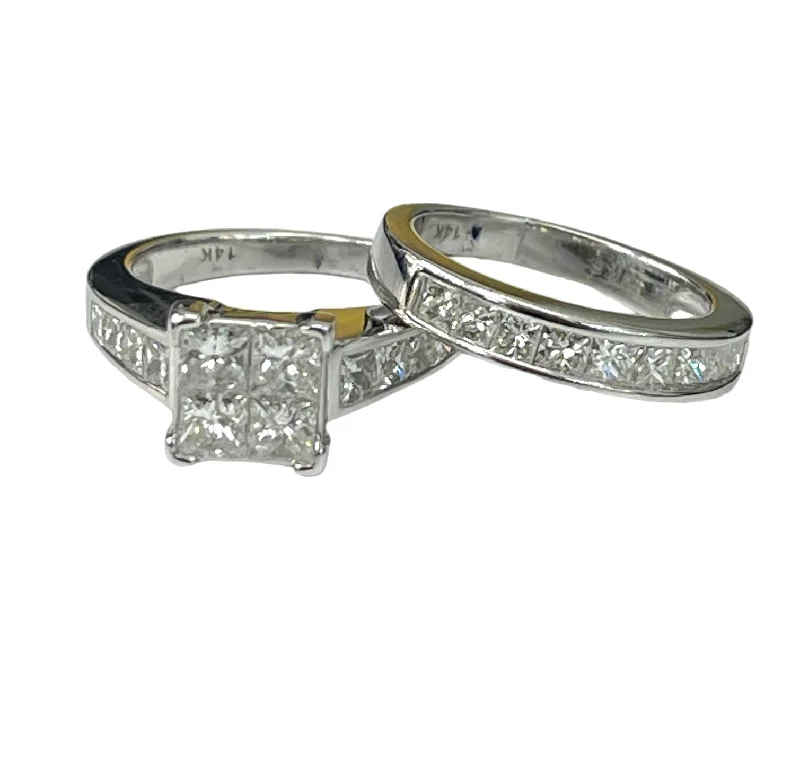 Princess Cut Illusion Diamond Engagement Ring Set White Gold 14kt