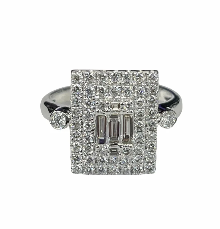 Round Brilliant Cluster Baguette Diamond Square Ring Size 6.5 White Gold