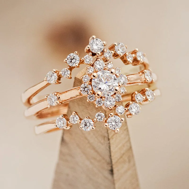 "STARLA" - BRIDAL SUITE - ROUND CUT DIAMOND ENGAGEMENT RING WITH DIAMOND ACCENTS & "LEA" TRACERS