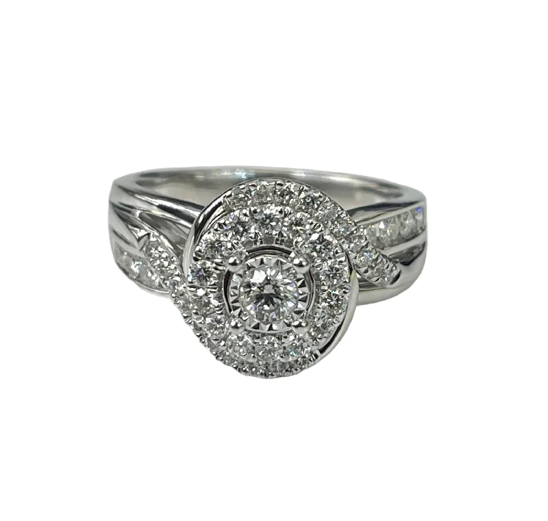 Swirl Halo Round Brilliant Diamond Ring White Gold 14kt