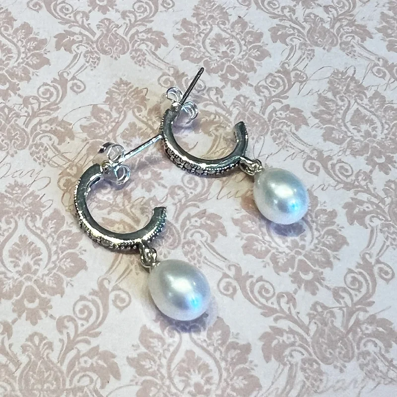 Art Deco Hoop Earrings Freshwater Pearl Vintage Bride Wedding Silver Marcasite