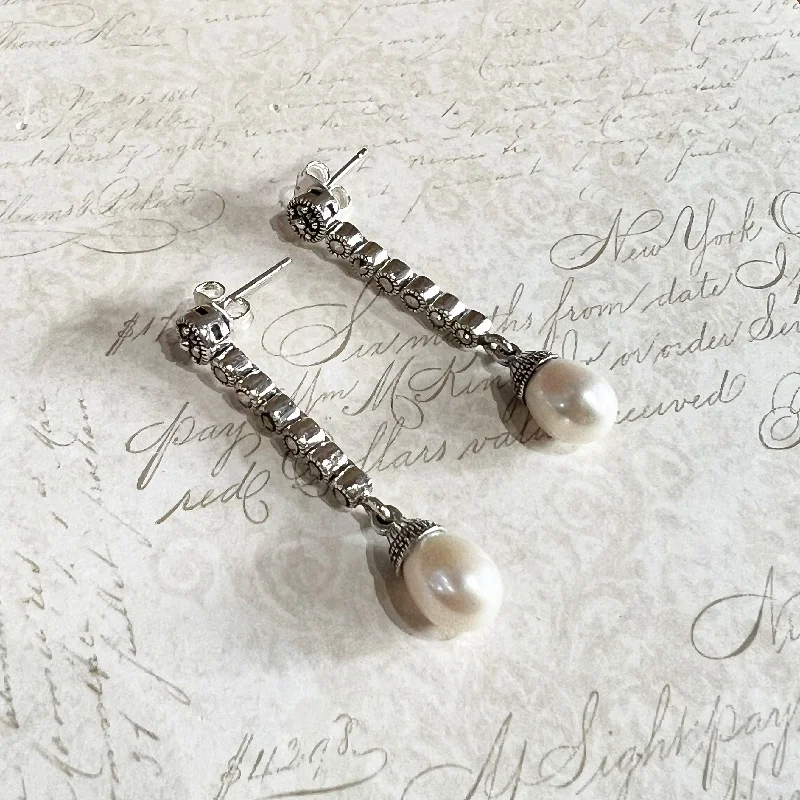 Art Deco Earrings Freshwater Pearl Vintage Bride Wedding Silver Marcasite