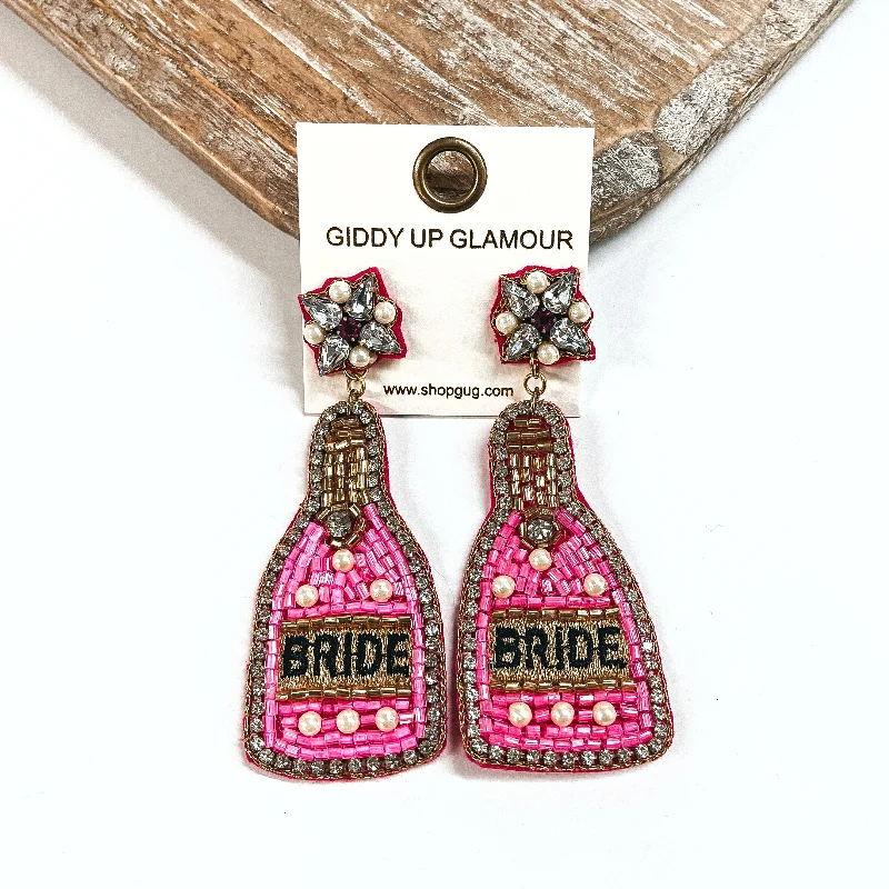 Bride Beaded Bottle Earrings with Clear Crystals and Pearls in Neon Pink Mix