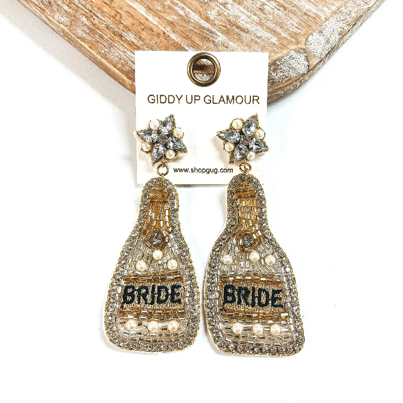 Bride Beaded Bottle Earrings with Clear Crystals and Pearls in Silver Mix