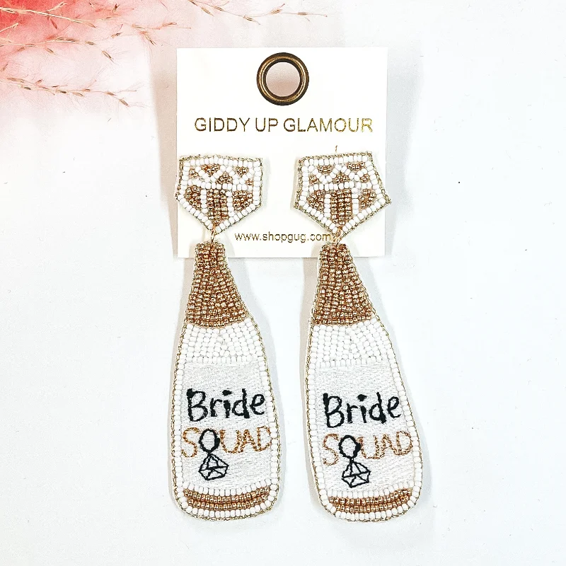 Bride Squad Bottle Beaded Earrings in White and Gold