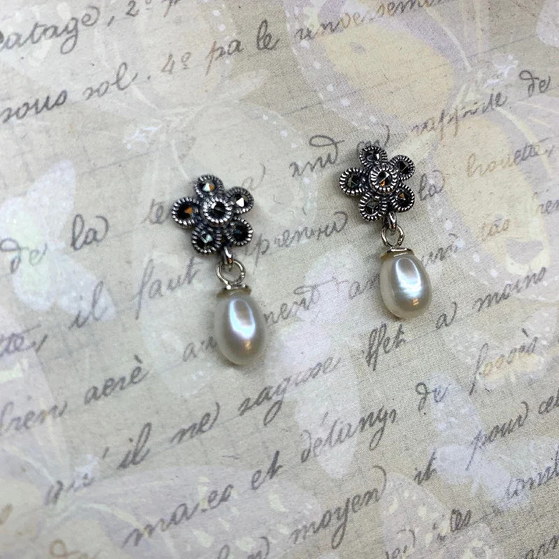 Real pearl drop Earrings silver Marcasite vintage bride